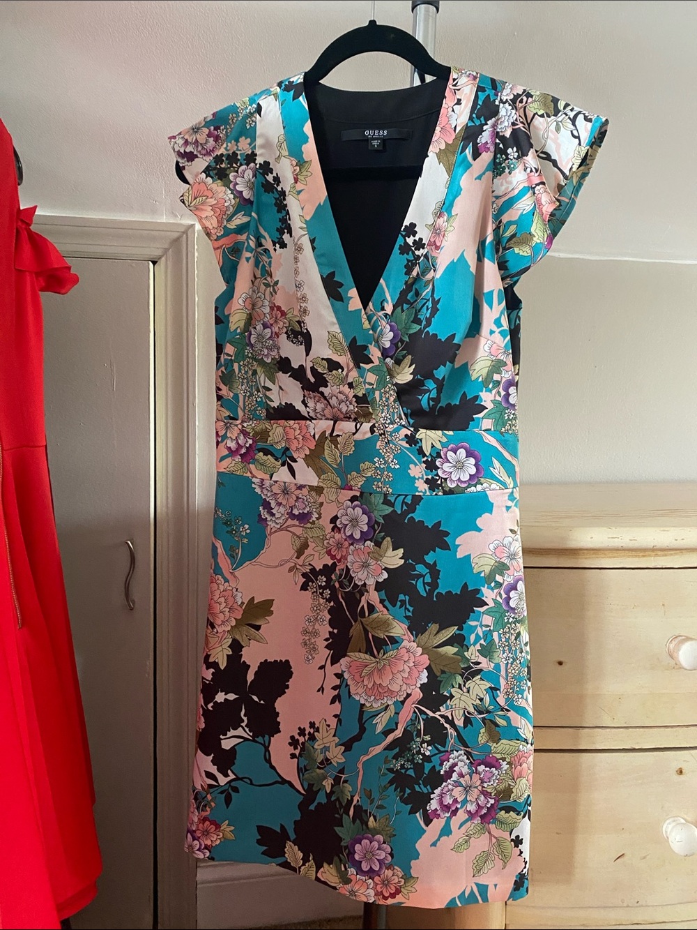 Guess Floral Wrap Midi Dress in Teal, Pink and Black